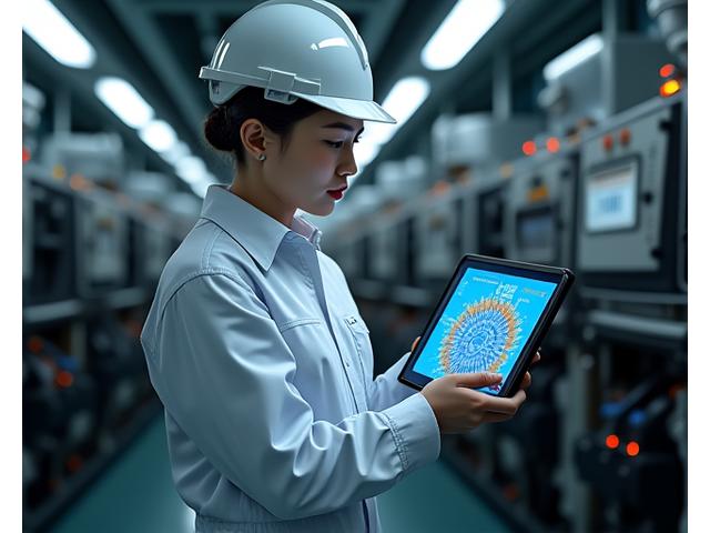 タブレットで船舶エンジンのメンテナンススケジュールを管理する技術者