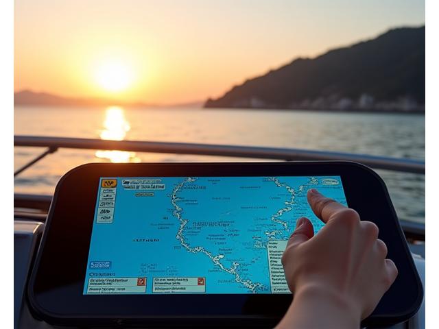 夕焼けの美しい海で、小型プレジャーボートが電子海図を見ながら航行している様子。
