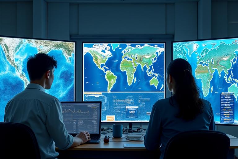 大学の研究室で、複数のモニターに複雑な海洋データやグラフが表示されている。研究者が真剣な表情で議論している。